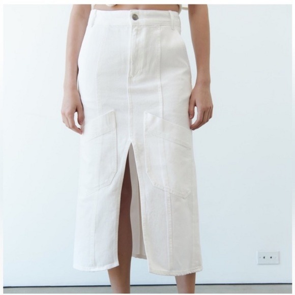 ZARA White Denim Front Slit Long Ankle Length Front Back Pocket Skirt Small - Picture 1 of 10